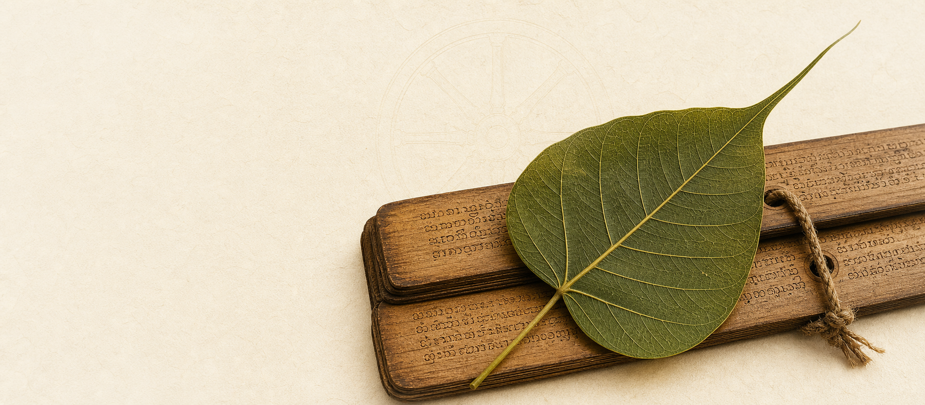A Bodhi leaf resting on traditional palm-leaf manuscript folios